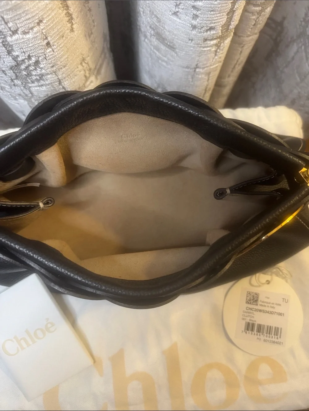 Chloé Black Pebbled Leather Clutch with Gold Disc Accent BRAND NEW with tags